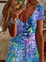Damen Geblümt Kurzarm Sommer Kleid V-Ausschnitt Täglich Lässig Midi Passen & Flare Kleid A-Linien-Kleid