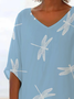 Damen Libelle Kurzarm Bluse Sommer Print V-Ausschnitt Täglich Lässig Oberteile