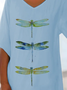 Damen Libelle Kurzarm Bluse Sommer Print V-Ausschnitt Täglich Lässig Oberteile