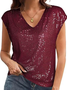 Damen Unifarben Kurzarm T-Shirts T-Shirt V-Ausschnitt Lässig Sommer Oberteile