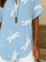 Damen Libelle Kurzarm Bluse Sommer Print V-Ausschnitt Täglich Lässig Oberteile