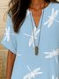 Damen Libelle Kurzarm Bluse Sommer Print V-Ausschnitt Täglich Lässig Oberteile