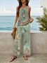 Damen Geblümt Print Zweiteiliges Set Täglich Ärmellos Lässig Sommer Bluse mit Hose Matching Set
