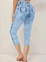 Damen Grafik mit Denim-Imitat-Print Caprihosen Elastische Taille Hose Lässig Sommer Hose