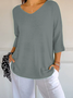 Damen Unifarben Dreiviertelärmel T-Shirts T-Shirt V-Ausschnitt Print Lässig Frühling/Herbst Oberteile
