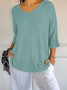 Damen Unifarben Dreiviertelärmel T-Shirts T-Shirt V-Ausschnitt Print Lässig Frühling/Herbst Oberteile