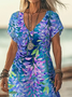 Damen Geblümt Kurzarm Sommer Print Kleid V-Ausschnitt Täglich Lässig Maxikleid X-Linie Kleid