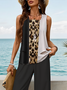 Damen Leopard Print Zweiteiliges Set Täglich Ärmellos Lässig Sommer Bluse mit Hose Matching Set