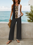 Damen Leopard Print Zweiteiliges Set Täglich Ärmellos Lässig Sommer Bluse mit Hose Matching Set