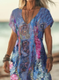 Damen Geblümt Kurzarm Sommer Print Kleid V-Ausschnitt Täglich Lässig Maxikleid X-Linie Kleid