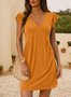 Damen Unifarben Kurzarm Sommer Kleid V-Ausschnitt Täglich Lässig Knielänge Rüschenrock A-Linien-Kleid