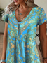 Damen Geblümt Kurzarm Sommer Print Kleid V-Ausschnitt Täglich Lässig Knielänge T-Shirt-Kleid H-Linie Kleid