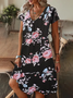 Damen Geblümt Kurzarm Sommer Print Kleid V-Ausschnitt Täglich Lässig Knielänge T-Shirt-Kleid H-Linie Kleid
