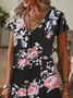 Damen Geblümt Kurzarm Sommer Print Kleid V-Ausschnitt Täglich Lässig Knielänge T-Shirt-Kleid H-Linie Kleid