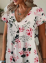 Damen Geblümt Kurzarm Sommer Print Kleid V-Ausschnitt Täglich Lässig Knielänge T-Shirt-Kleid H-Linie Kleid