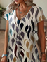 Damen Abstrakt Kurzarm Sommer Print Kleid V-Ausschnitt Täglich Lässig Knielänge T-Shirt-Kleid H-Linie Kleid