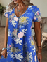 Damen Geblümt Kurzarm Sommer Print Kleid V-Ausschnitt Täglich Lässig Knielänge T-Shirt-Kleid H-Linie Kleid