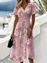 Damen Geblümt Kurzarm Sommer Kleid V-Ausschnitt Täglich Lässig Maxikleid Strandkleid A-Linien-Kleid