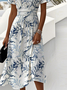 Damen Blätter Kurzarm Sommer Kleid V-Ausschnitt Täglich Lässig Maxikleid Strandkleid A-Linien-Kleid