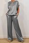 Damen Unifarben Zweiteiliges Set Täglich Halbarm Lässig Sommer Bluse mit Hose Matching Set