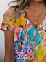 Damen Geblümt Kurzarm T-Shirts T-Shirt V-Ausschnitt Print Lässig Sommer T-Shirt mit Grafik Oberteile