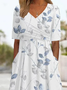 Damen Geblümt Kurzarm Sommer Print Kleid V-Ausschnitt Täglich Lässig Maxikleid A-Linien-Kleid