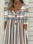 Damen Gestreift Halbarm Sommer Print Kleid Halb offener Kragen Täglich Lässig Maxikleid A-Linien-Kleid