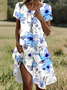 Damen Geblümt Kurzarm Sommer Print Kleid Rundhals Täglich Lässig Mini Tunika H-Linie Kleid