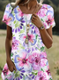 Damen Geblümt Kurzarm Sommer Print Kleid Rundhals Täglich Lässig Mini Tunika H-Linie Kleid