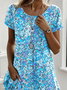 Damen Geblümt Kurzarm Sommer Print Kleid Rundhals Täglich Lässig Mini Tunika H-Linie Kleid