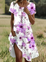 Damen Geblümt Kurzarm Sommer Print Kleid Rundhals Täglich Lässig Mini Tunika H-Linie Kleid