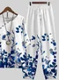 Damen Geblümt Print Zweiteiliges Set Täglich Halbarm Lässig Sommer Bluse mit Hose Matching Set