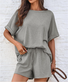 Damen Unifarben Taschennähen Dolman-Ärmel Zweiteiliges Set Täglich Halbarm Lässig Sommer Bluse mit Hose Matching Set