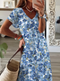 Damen Geblümt Kurzarm Sommer Print Kleid V-Ausschnitt Täglich Lässig Maxikleid X-Linie Kleid