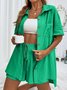 Damen Unifarben Nahtverarbeitung Zweiteiliges Set Täglich Kurzarm Lässig Sommer Bluse mit Hose Matching Set