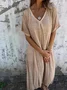 Damen Unifarben Kurzarm Sommer Nahtverarbeitung Kleid V-Ausschnitt Täglich Retro Maxikleid Tanktop A-Linien-Kleid