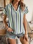 Damen Gestreift Kurzarm T-Shirts T-Shirt V-Ausschnitt Print Lässig Sommer Oberteile