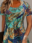 Damen Blätter Kurzarm Sommer Print Kleid Rundhals Täglich Lässig Mini Tunika H-Linie Kleid