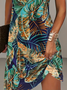 Damen Blätter Kurzarm Sommer Print Kleid Rundhals Täglich Lässig Mini Tunika H-Linie Kleid