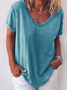 Damen Unifarben Kurzarm T-Shirts T-Shirt V-Ausschnitt Print Lässig Sommer Oberteile
