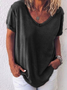 Damen Unifarben Kurzarm T-Shirts T-Shirt V-Ausschnitt Print Lässig Sommer Oberteile