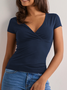 Damen Unifarben Kurzarm T-Shirts T-Shirt V-Ausschnitt Gerüscht Lässig Sommer Oberteile