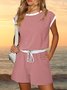 Damen Gestreift Rundhals Kurzarm Lässig Sommer Jumpsuit