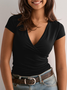 Damen Unifarben Kurzarm T-Shirts T-Shirt V-Ausschnitt Gerüscht Lässig Sommer Oberteile