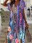 Damen Geblümt Kurzarm Sommer Print Kleid V-Ausschnitt Täglich Lässig Maxikleid X-Linie Kleid