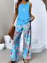 Damen Geblümt Zweiteiliges Set Täglich Ärmellos Lässig Sommer Bluse mit Hose Matching Set