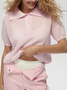 Damen Unifarben Kurzarm T-Shirts T-Shirt Schalkragen Schnalle Lässig Sommer Oberteile