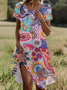 Damen Geblümt Kurzarm Sommer Print Kleid Rundhals Täglich Lässig Mini Tunika H-Linie Kleid