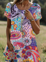 Damen Geblümt Kurzarm Sommer Print Kleid Rundhals Täglich Lässig Mini Tunika H-Linie Kleid