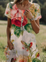 Damen Geblümt Kurzarm Sommer Print Kleid Rundhals Täglich Lässig Mini Tunika H-Linie Kleid
